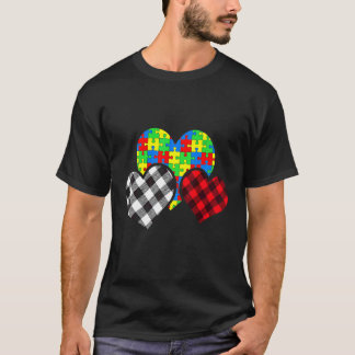 Buffalo Plaid Heart Puzzle Piece Autism Awareness T-Shirt