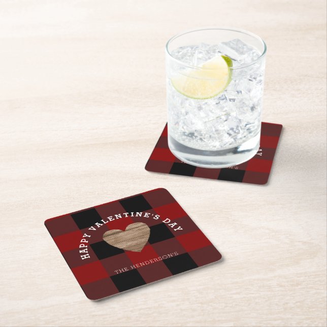 Buffalo Plaid Heart Valentines Day Personalized Square Paper Coaster (Insitu)