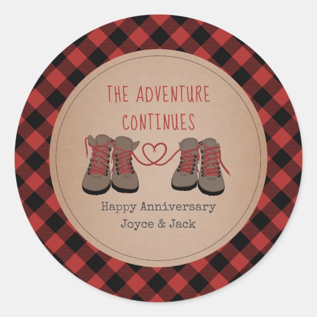 Buffalo Plaid Hiking Boots Adventure Anniversary Classic Round Sticker (Front)