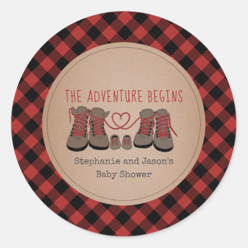 Buffalo Plaid Hiking Boots Adventure Baby Shower Classic Round Sticker