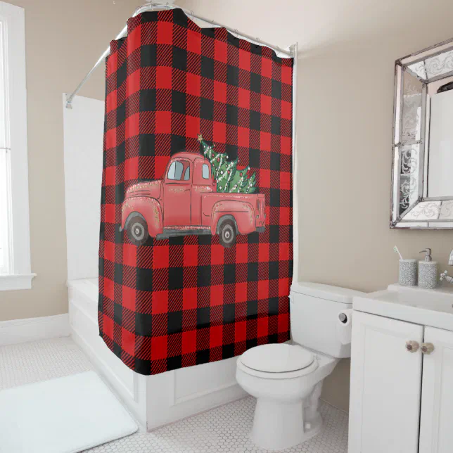 Buffalo Plaid Holiday Christmas Truck Shower Curtain Zazzle