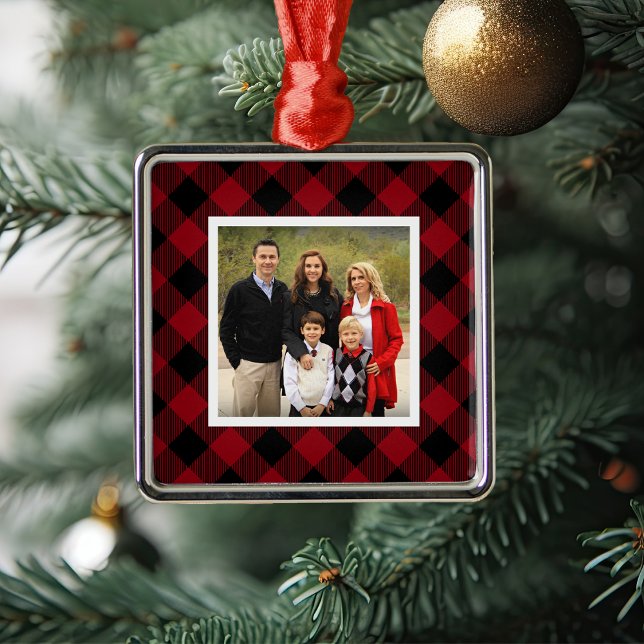 Buffalo Plaid Holiday Photo Metal Ornament (Creator Uploaded)