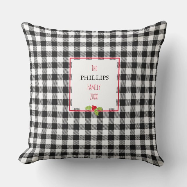 Buffalo Plaid Holly Christmas Family Name Festive  Throw Pillow (Front)