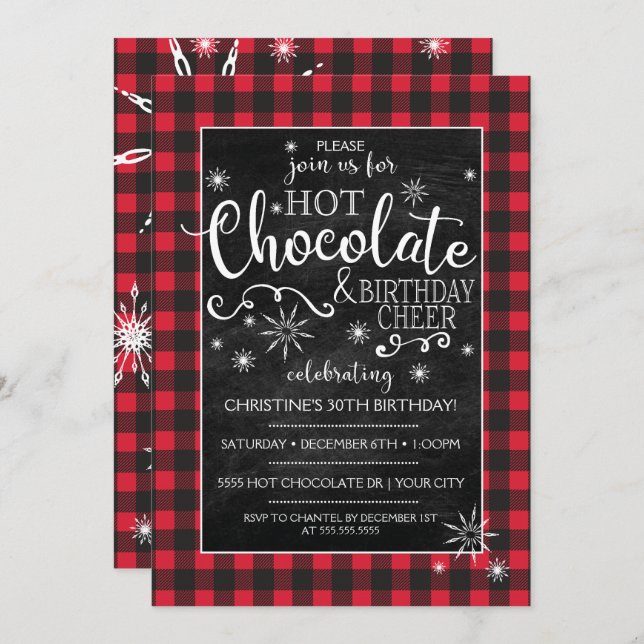 Buffalo Plaid Hot Chocolate Birthday Invitation (Front/Back)
