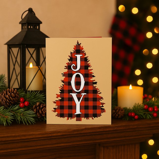 Buffalo Plaid “JOY” Christmas Tree Cabin Style Holiday Card (Creator Uploaded)