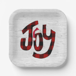 Buffalo Plaid Joy On White Birch  Paper Plates