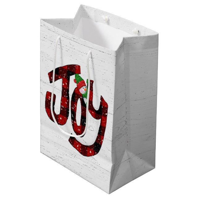 Buffalo Plaid Joy On Whitewashed Wood    Medium Gift Bag (Front Angled)