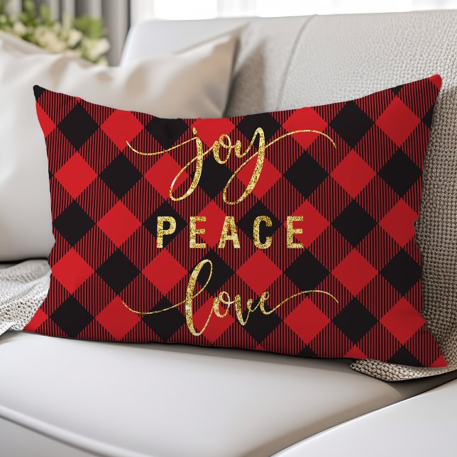 Buffalo Plaid Joy Peace Love Lumbar Pillow (Creator Uploaded)