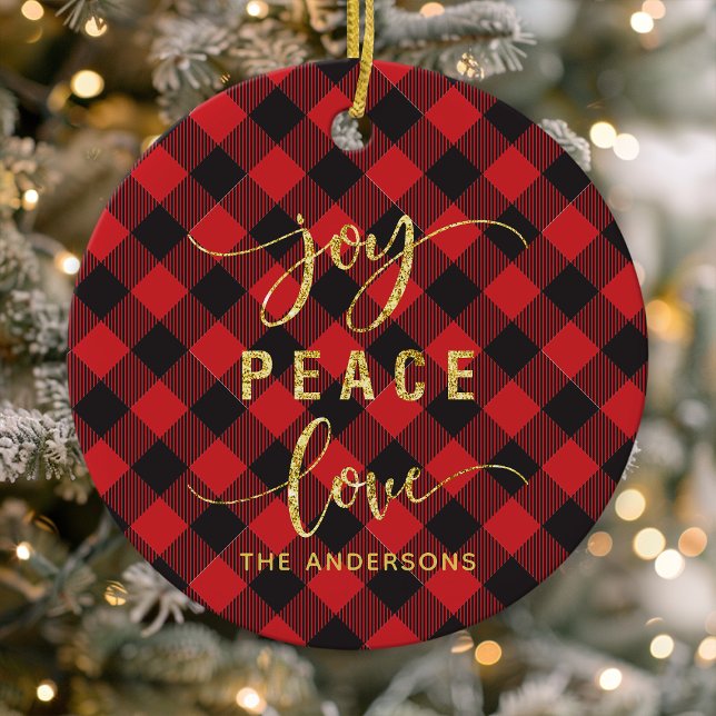Buffalo Plaid Joy Peace Love Monogram Christmas Ceramic Ornament (Creator Uploaded)