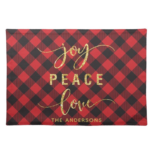 Buffalo Plaid Joy Peace Love Personalized Cloth Placemat (Front)