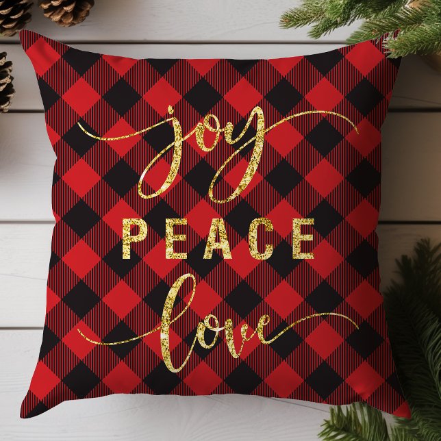 Buffalo Plaid Joy Peace Love Throw Pillow (Creator Uploaded)