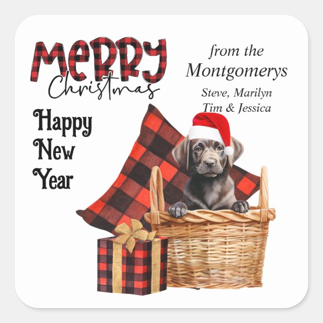 Buffalo Plaid Labrador Retriever Puppy Christmas Square Sticker (Front)