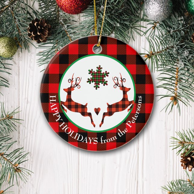 Buffalo Plaid Leaping Deer Ceramic Ornament (Creator Uploaded)