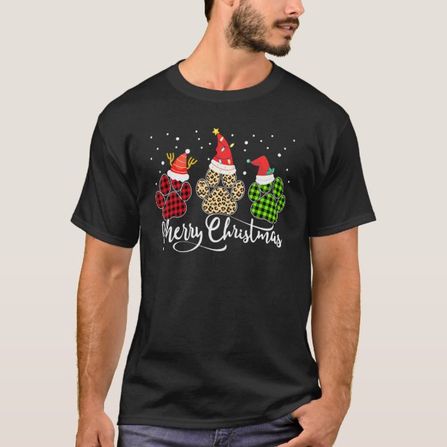 Buffalo Plaid & Leopard Dog Paw Santa Hat Merry Xm T-Shirt (Front)
