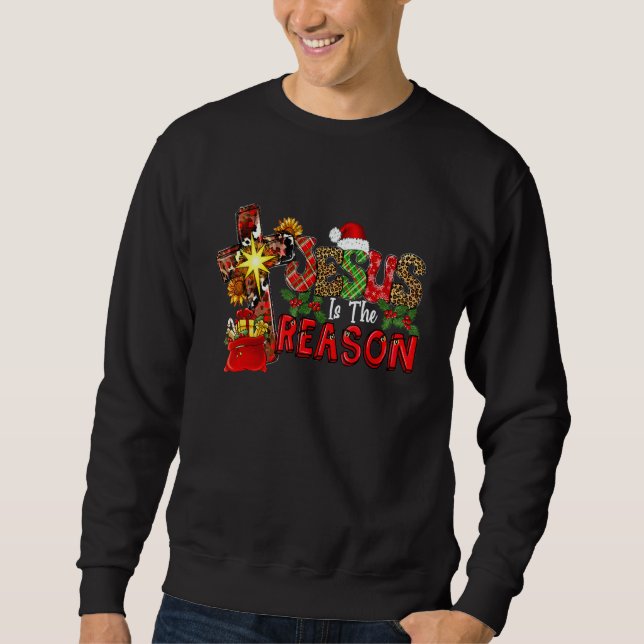 Buffalo Plaid Leopard Jesus Is The Reason Christma Sweatshirt (Front)