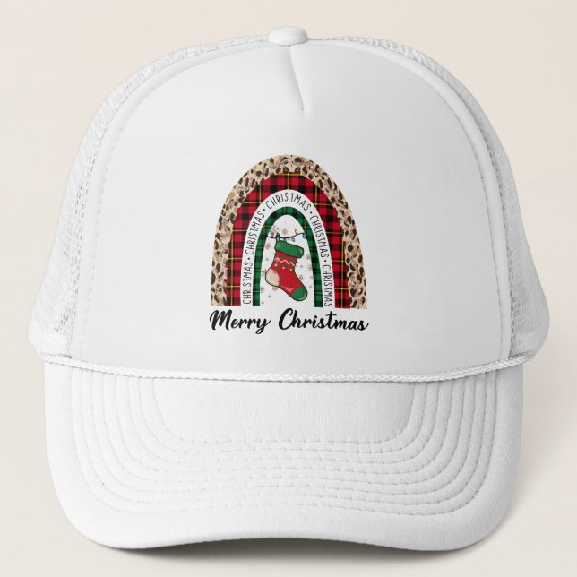 Buffalo Plaid & Leopard Print Rainbow Trucker Hat (Front)