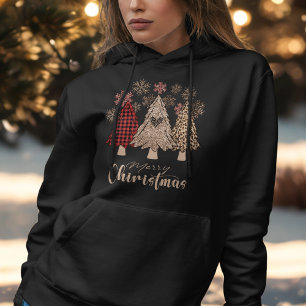 Buffalo Plaid Leopard Print Tree Glam Christmas Hoodie
