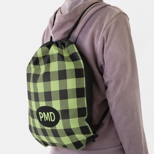 Buffalo Plaid Lime Green Black Monogram Initials Drawstring Bag