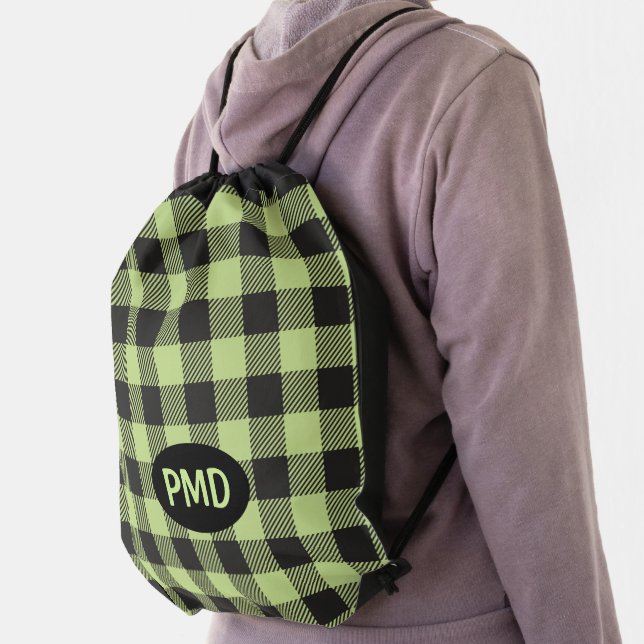 Buffalo Plaid Lime Green Black Monogram Initials Drawstring Bag (Insitu)