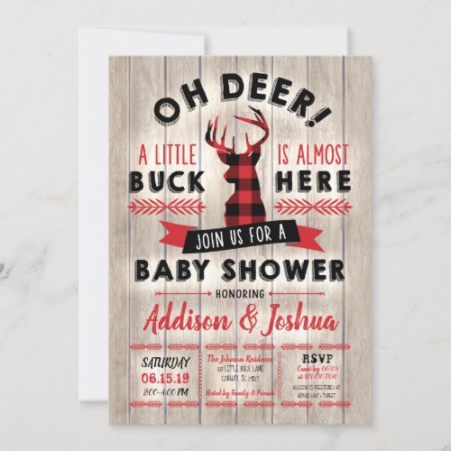 Buffalo Plaid Little Buck Oh Deer Baby Shower Invitation