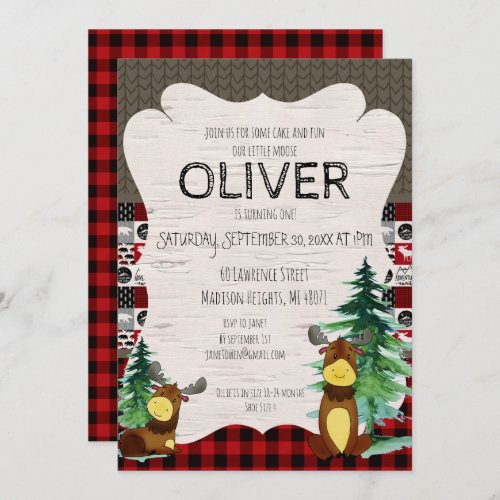 Buffalo Plaid Little Moose Party Invitation