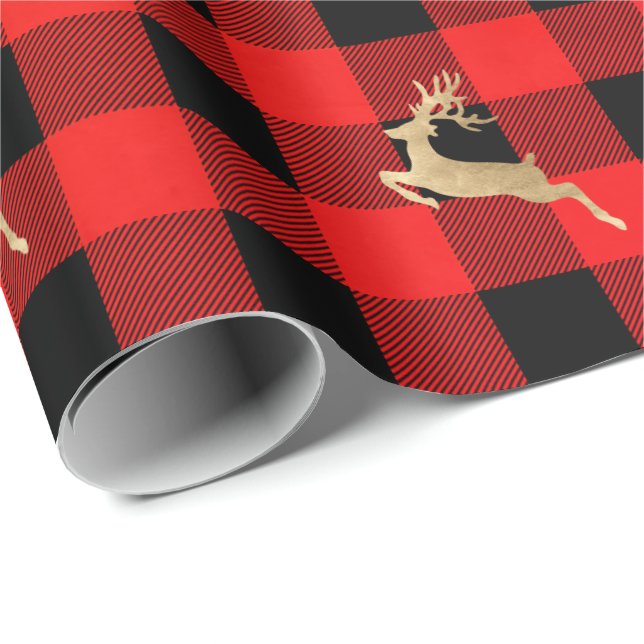 Buffalo Plaid Lomberjack Christmas Deer Gold Red Wrapping Paper (Roll Corner)