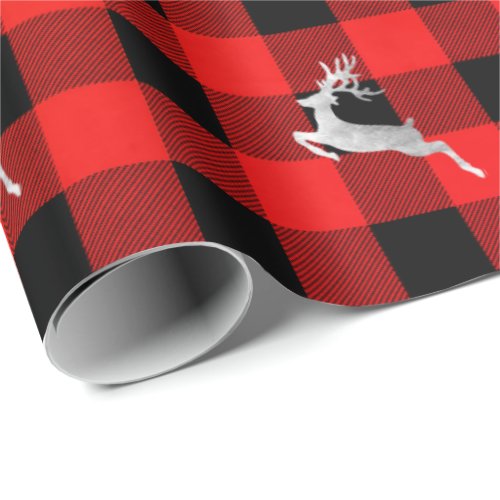 Buffalo Plaid Lomberjack Christmas Deer Silver Wrapping Paper