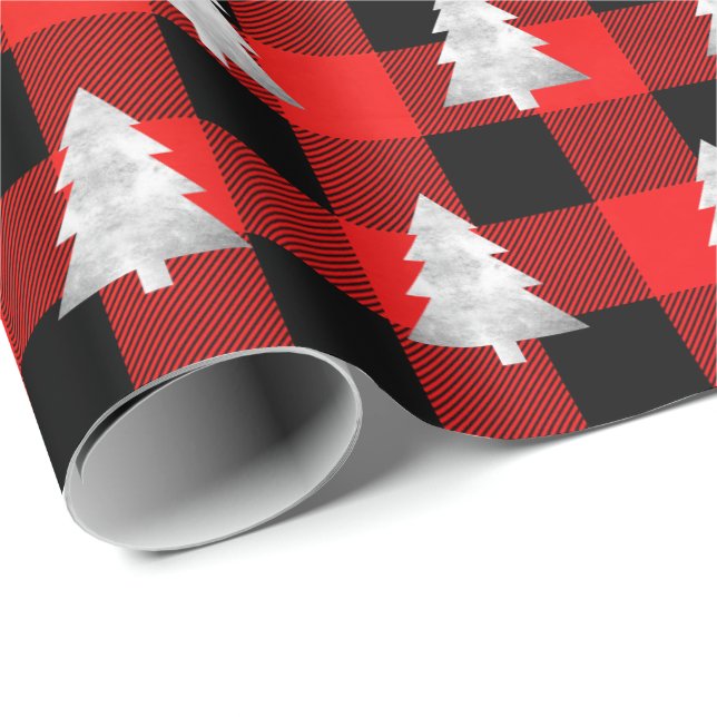 Buffalo Plaid Lomberjack Christmas Tree Silver Red Wrapping Paper (Roll Corner)
