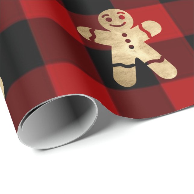 Buffalo Plaid Lomberjack Gold Gingerbread Black Wrapping Paper (Roll Corner)