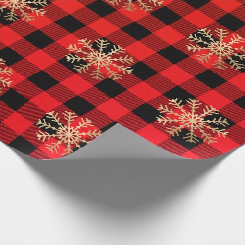 Buffalo Plaid Lomberjack Gold Red Snowflakes Red Wrapping Paper
