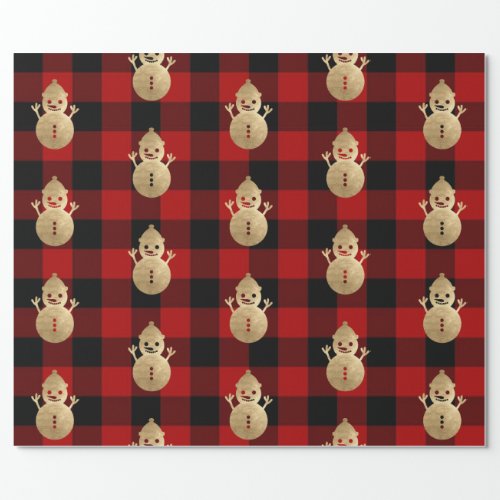 Buffalo Plaid Lomberjack Gold Red Snowman Wrapping Paper