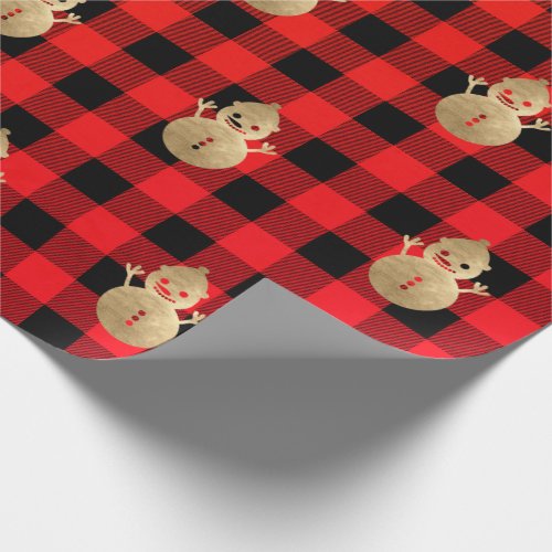 Buffalo Plaid Lomberjack Gold Red Snowmans Wrapping Paper