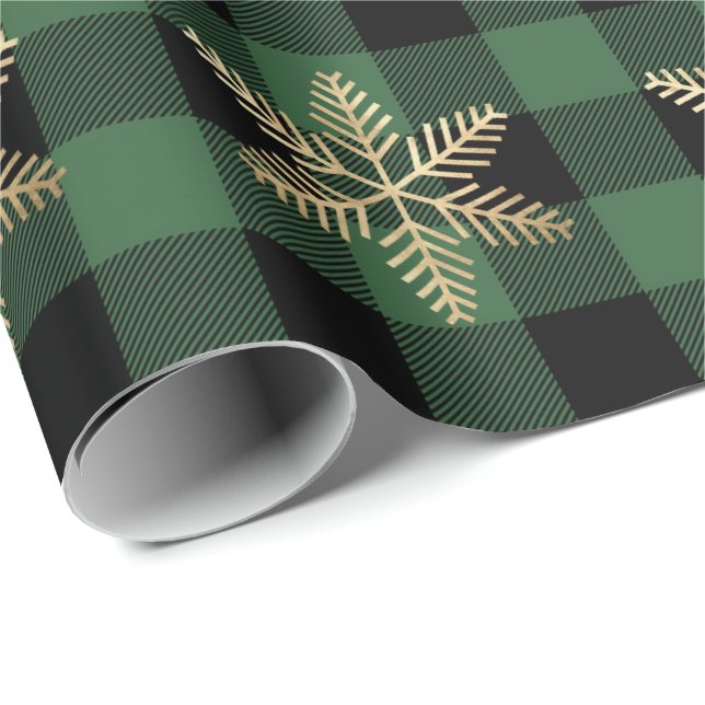 Buffalo Plaid Lomberjack Gold Snowflake Green Rust Wrapping Paper (Roll Corner)