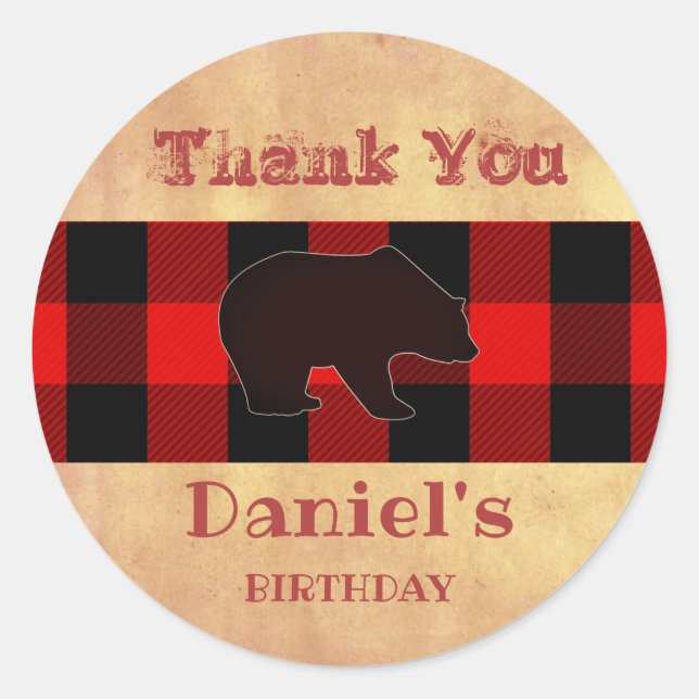 Buffalo Plaid Lumberjack Birthday Thank You Favor Classic Round Sticker (Front)