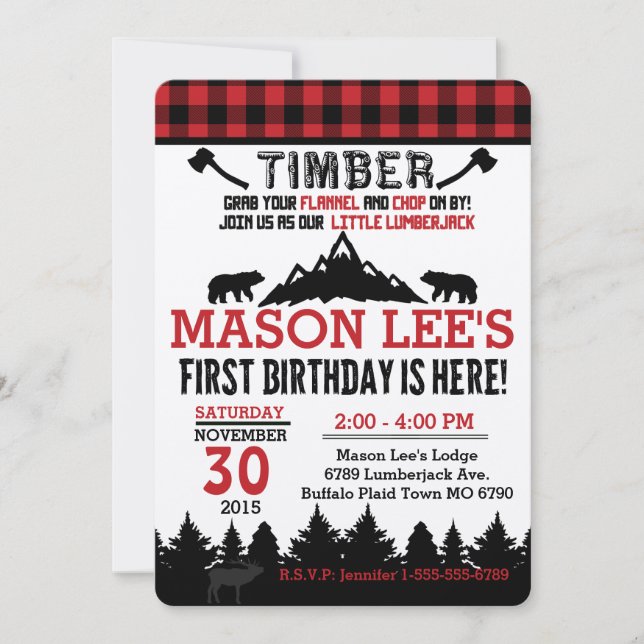 Buffalo Plaid Lumberjack First Birthday Invitation (Front)