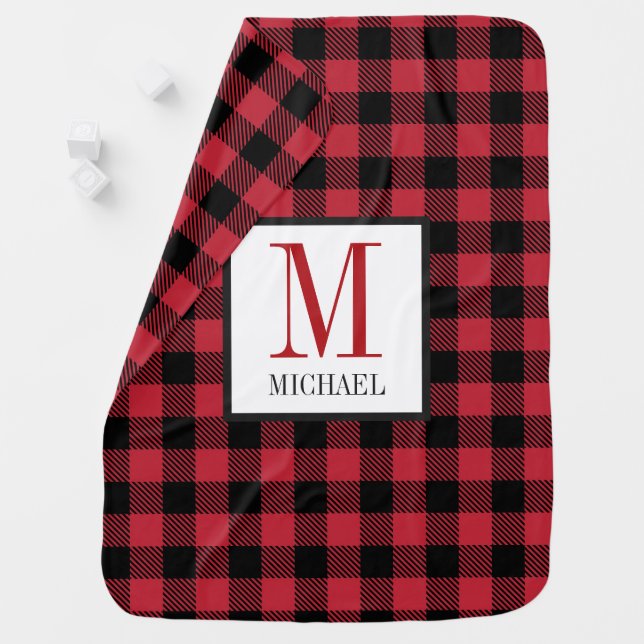 Buffalo Plaid Lumberjack Monogram Baby Boy Blanket (In Situ)