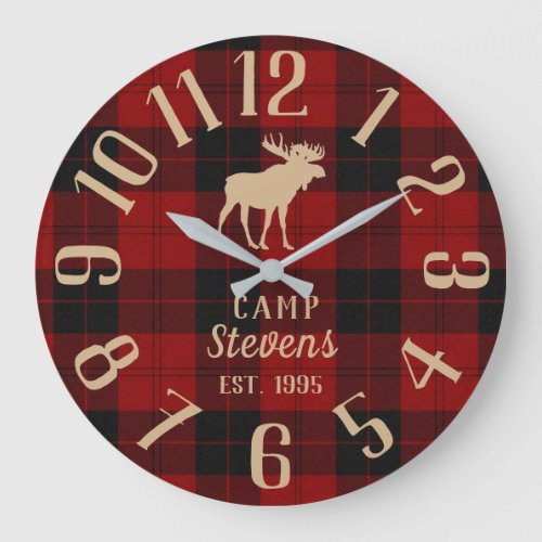 Buffalo Plaid Lumberjack Pattern Moose Family Camp Large Clock