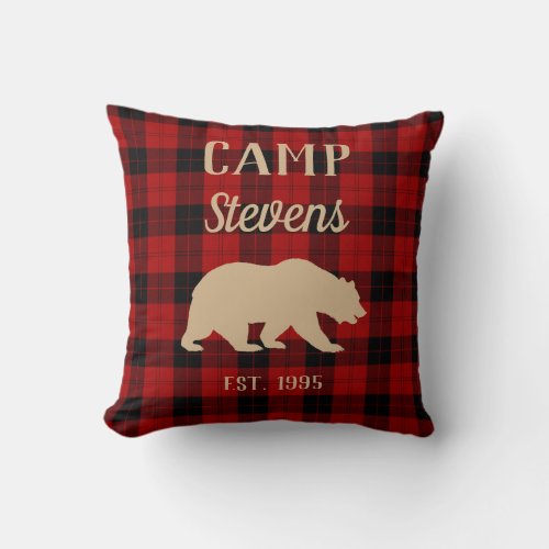 Buffalo Plaid Lumberjack Pattern Rustic Bear Throw Pillow