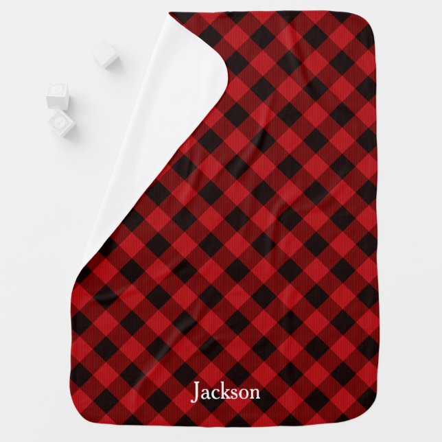 Buffalo Plaid Lumberjack Red and Black Monogram Baby Blanket (In Situ)