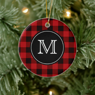 Buffalo Plaid Lumberjack Red and Black Monogram Ceramic Ornament