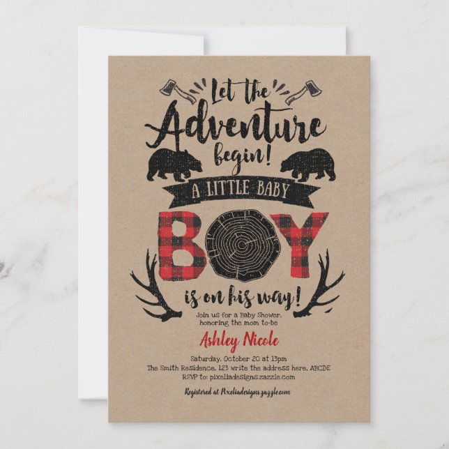 Buffalo Plaid, Lumberjack, Rustic, Kraft, Baby Boy Invitation (Front)