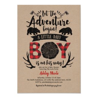 Buffalo Plaid, Lumberjack, Rustic, Kraft, Baby Boy Invitation
