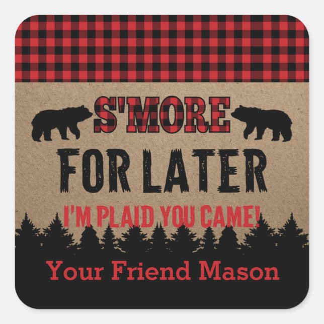 Buffalo Plaid Lumberjack S'more Favor Sticker (Front)
