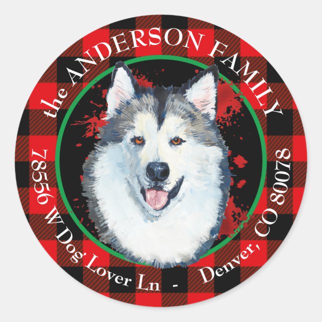 Buffalo Plaid Malamute Dog Return Address Classic Round Sticker (Front)