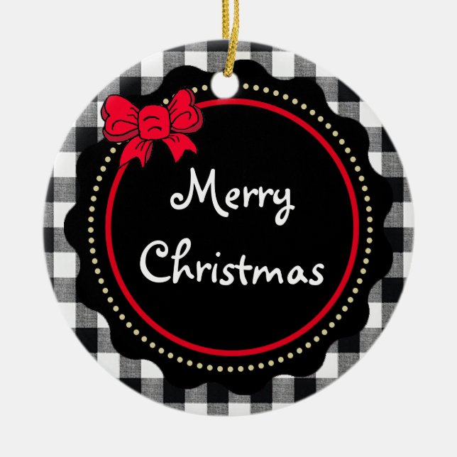 Buffalo Plaid Merry Christmas Black and White Ceramic Ornament (Front)