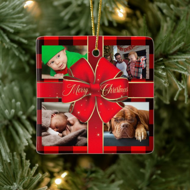 Buffalo Plaid Merry Christmas Bow Photo Collage Ceramic Ornament (Tree)