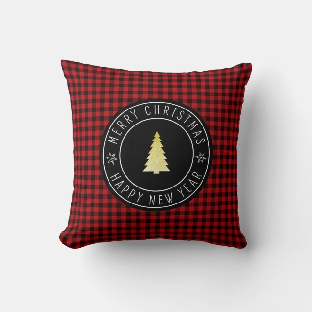 Buffalo Plaid Merry Christmas Lodge Throw Pillow (Front)