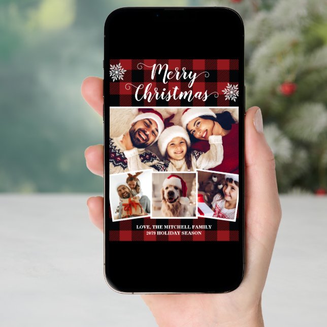 Buffalo Plaid Merry Christmas Red and Black Photo Holiday Card (Front Digital)