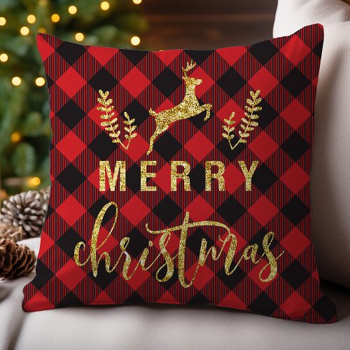 Buffalo Plaid Merry Christmas Reindeer Glitter Throw Pillow