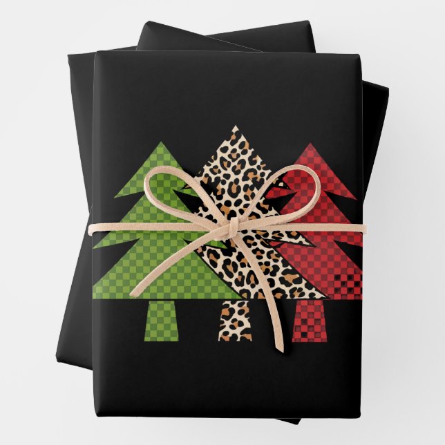 Buffalo Plaid Merry Christmas Tree Family Matching Wrapping Paper Sheets (In situ)